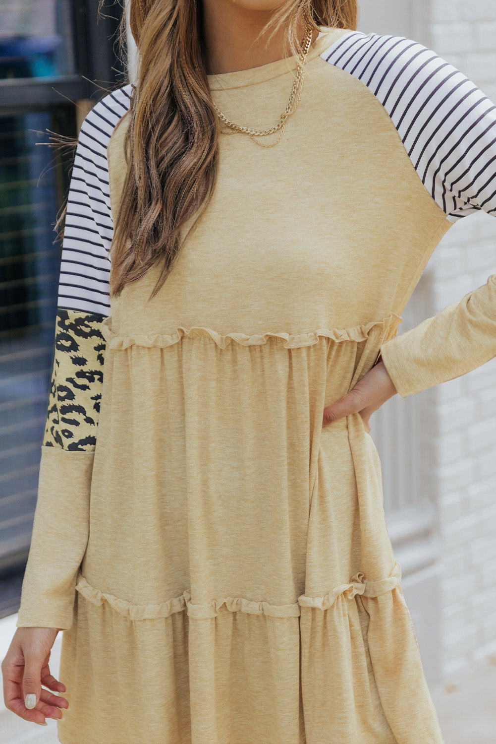 Black Striped Leopard Patchwork Long Sleeve Mini Dress