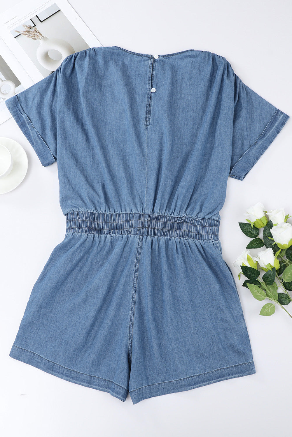 Sky Blue V Neck Smocked Waist Pocketed Chambray Romper