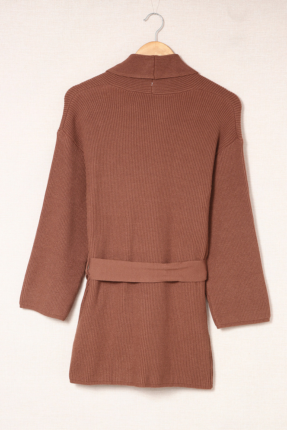 Black Robe Style Rib Knit Pocketed Cardigan with Belt