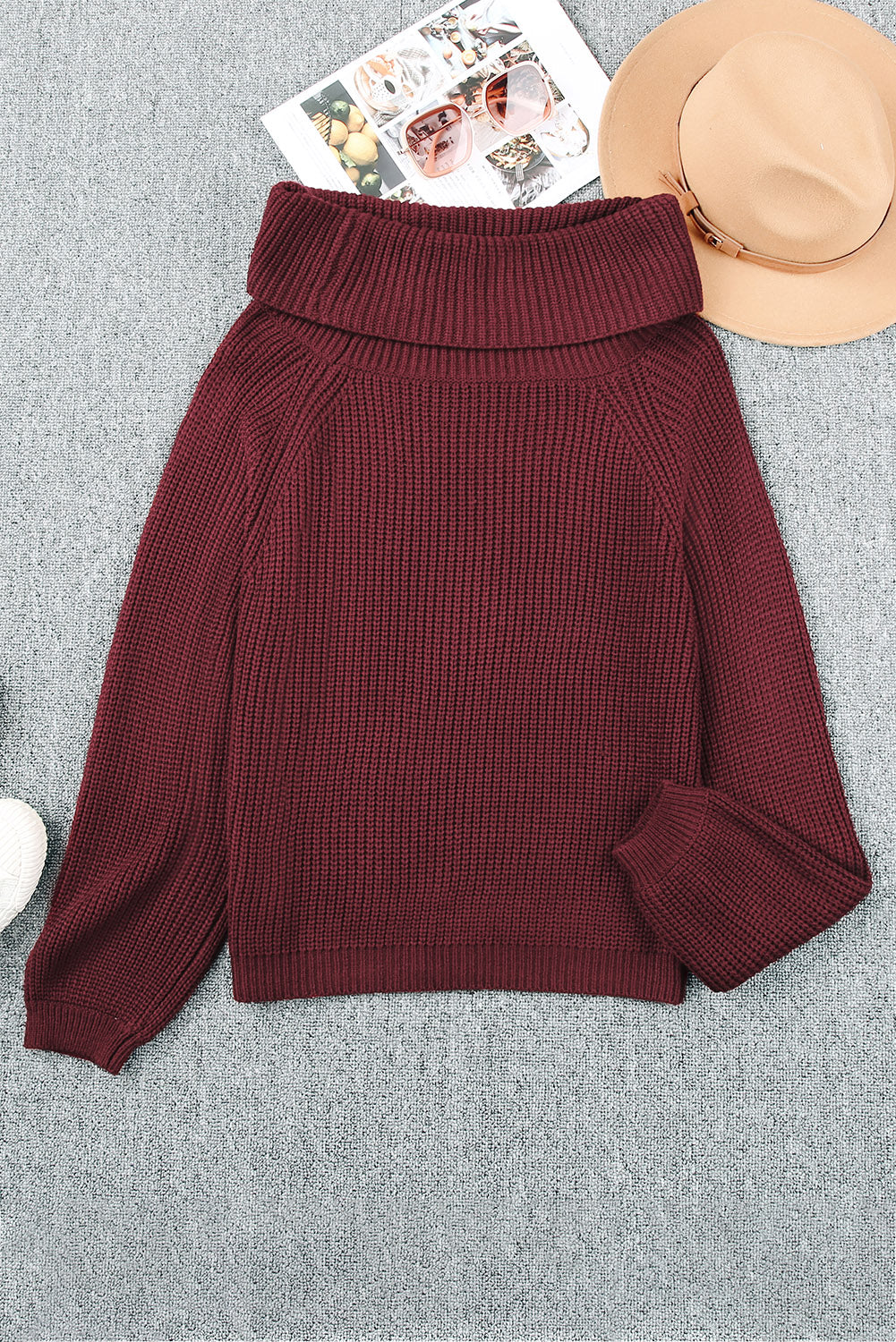 Brown Ribbed Knit Off Shoulder Sweater