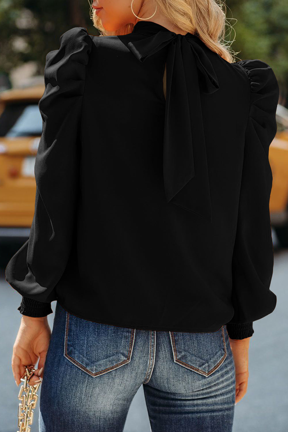 Black Long Bubble Sleeve Mock Neck Chiffon Top