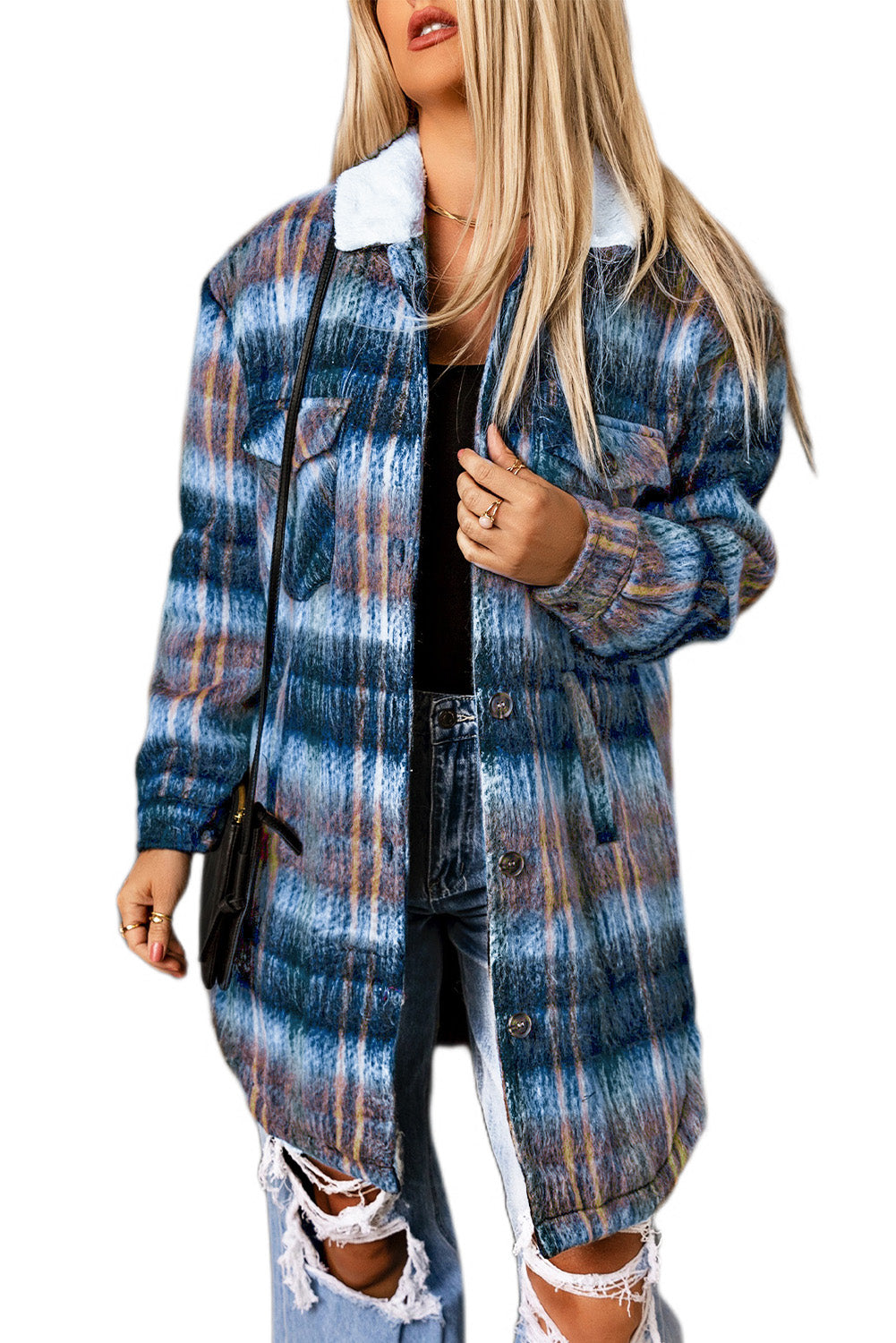 Multicolor Woolen Lining Plaid Brushed Long Coat