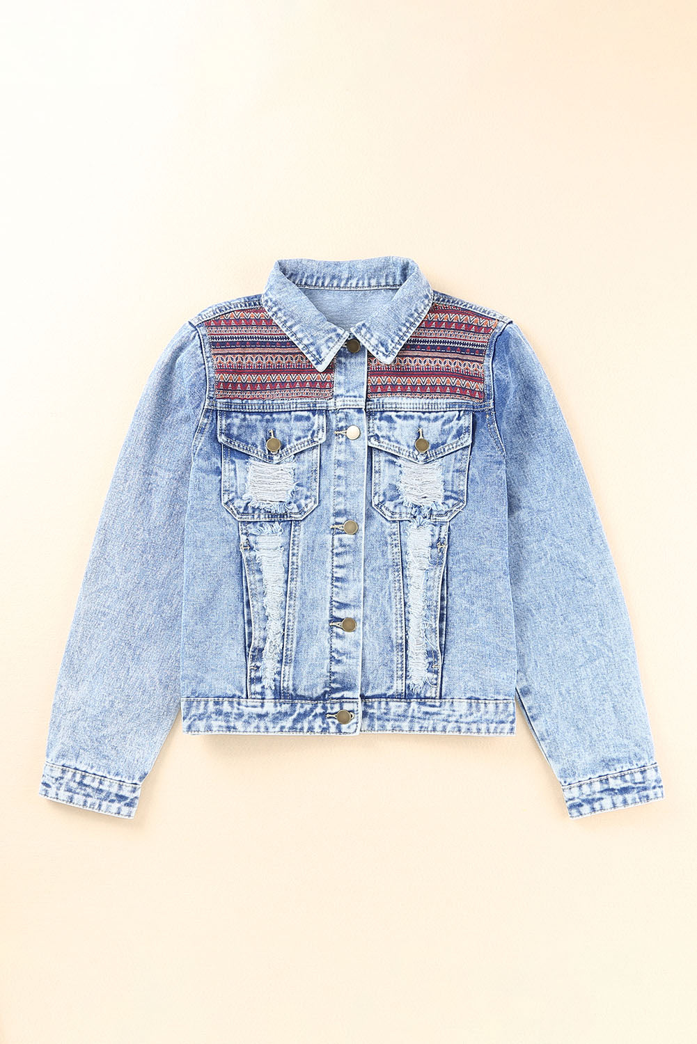 Sky Blue Distressed Tribal Patch Denim Jacket