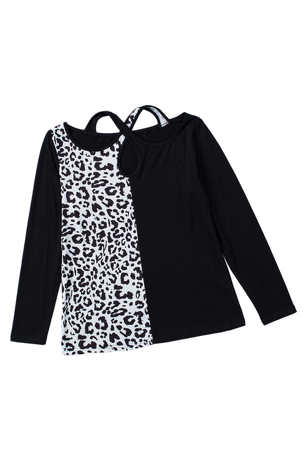 Black Leopard Color Block Cut Out Long Sleeve Top