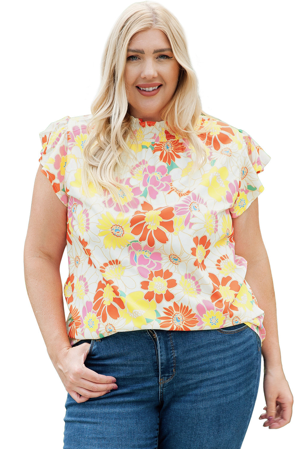 Multicolor Plus Size Mock Neck Ruffle Sleeve Floral Blouse