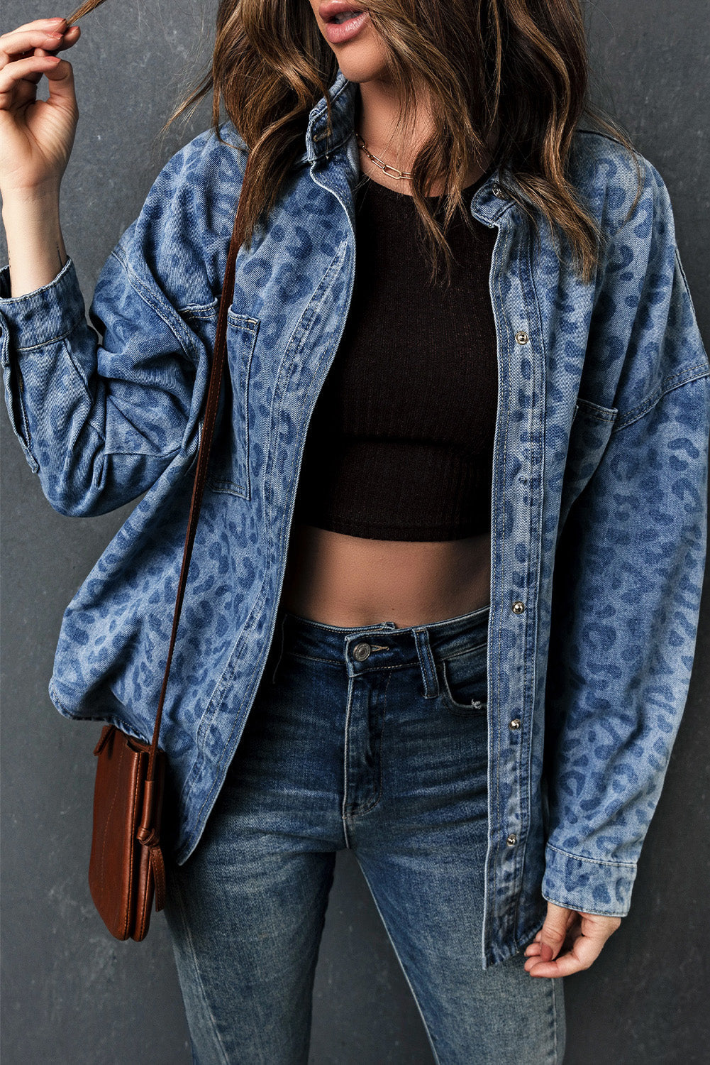 Sky Blue Oversized Leopard Denim Jacket with Pockets