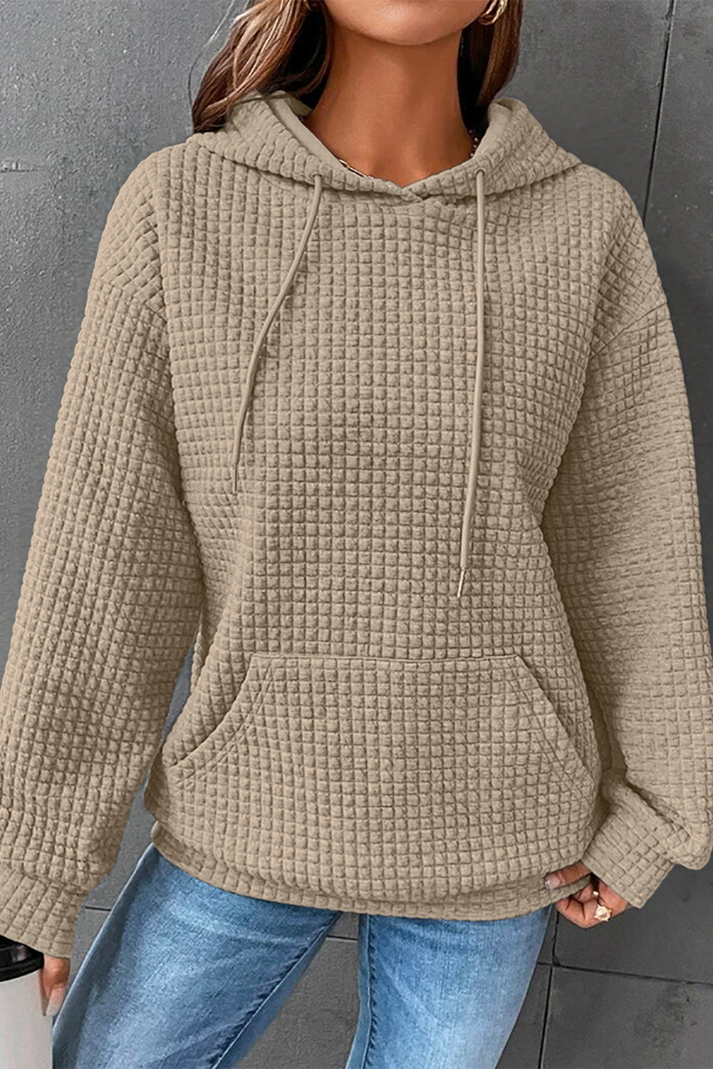 Gray Quilted Kangaroo Pocket Drawstring Hoodie