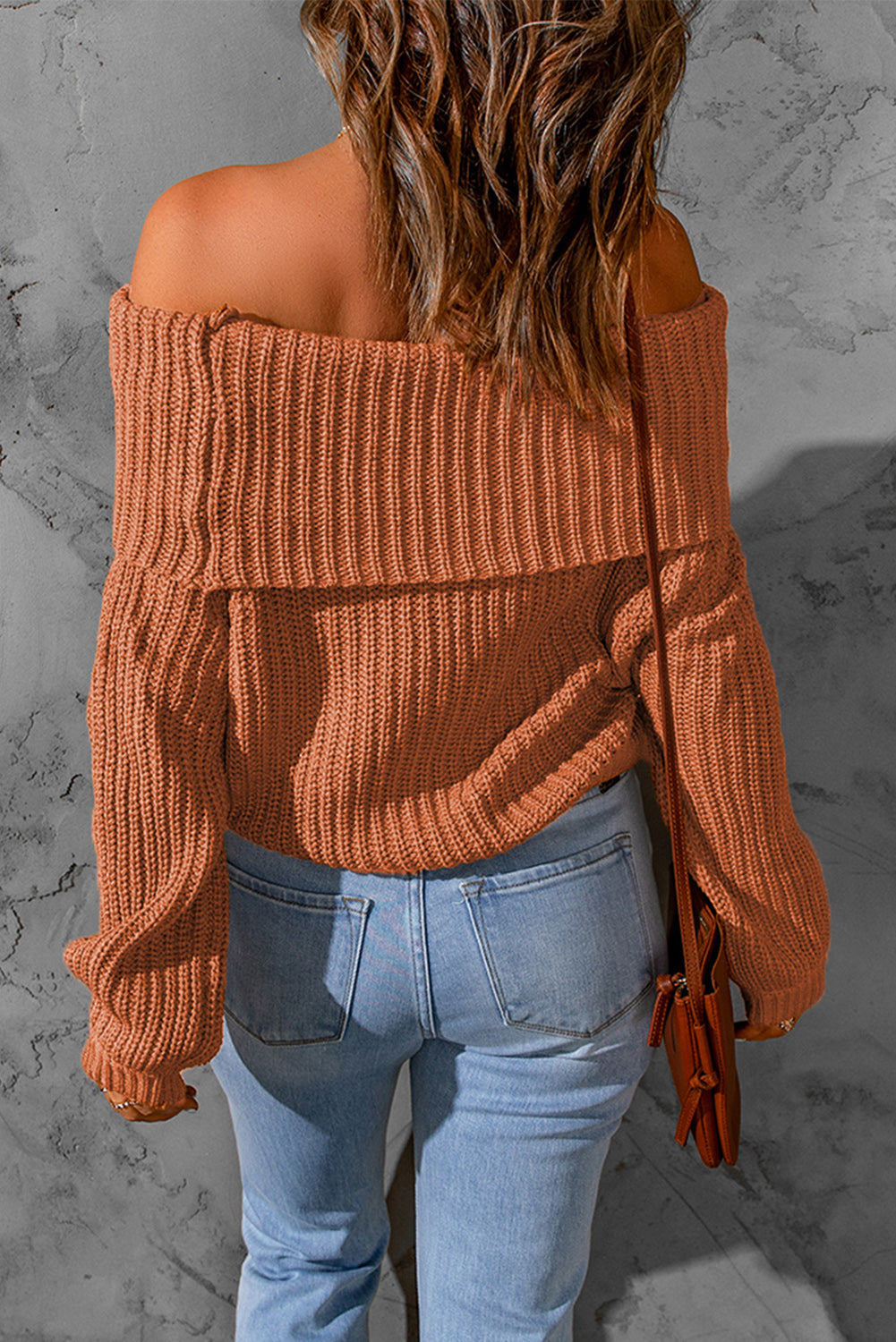 Brown Ribbed Knit Off Shoulder Sweater