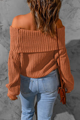 Brown Ribbed Knit Off Shoulder Sweater