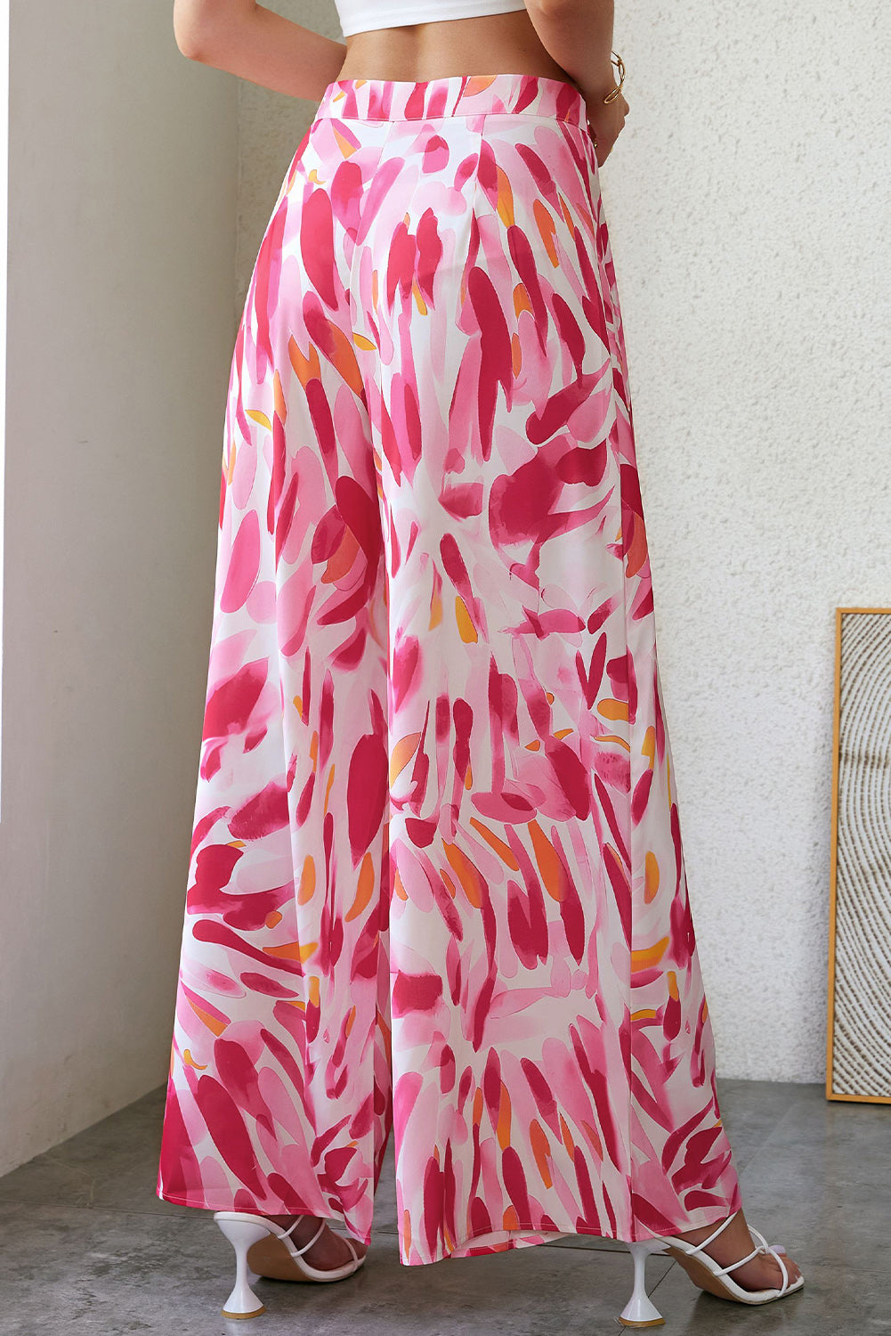 Rose Boho Abstract Floral Print Wide Leg Pants