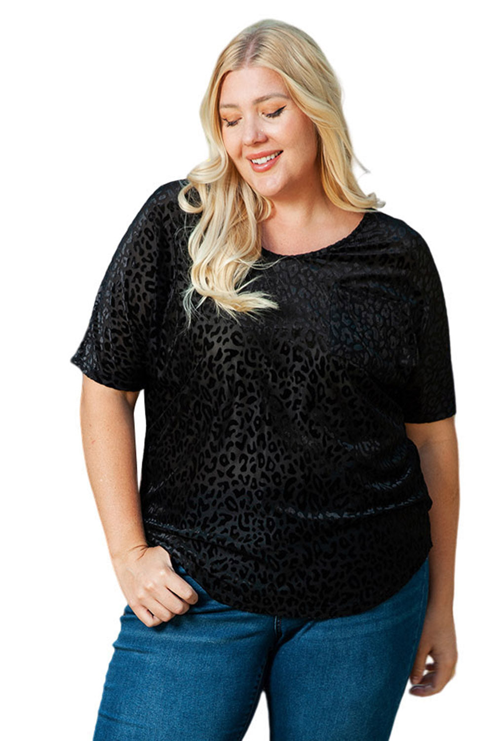 Black Plus Size Leopard Emboss V Neck Top