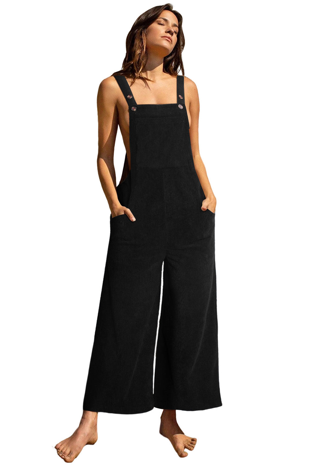 Red Solid Color Corduroy Wide Leg Bib Overalls