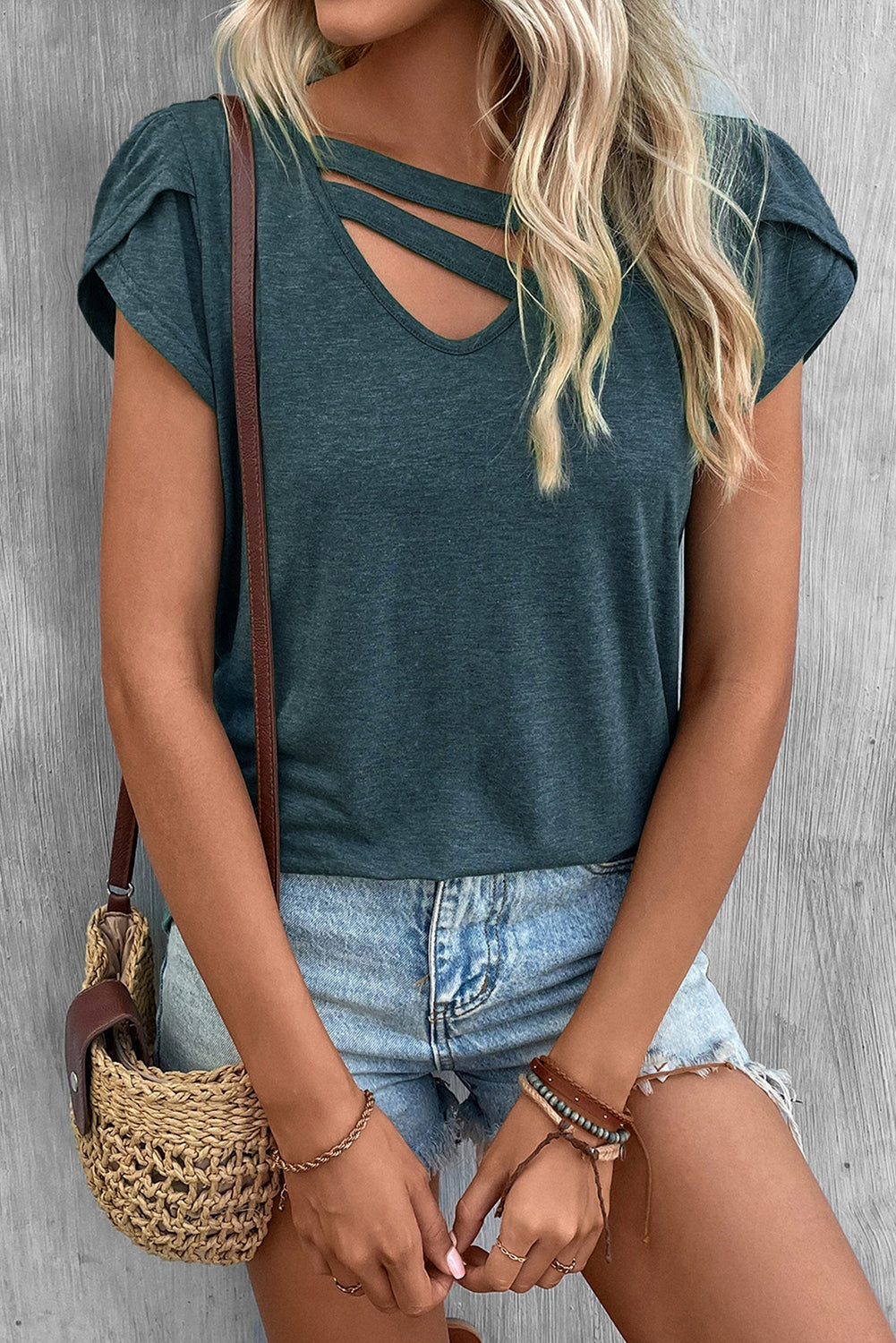 Blue Strappy V Neck Overlap Short Sleeve Top