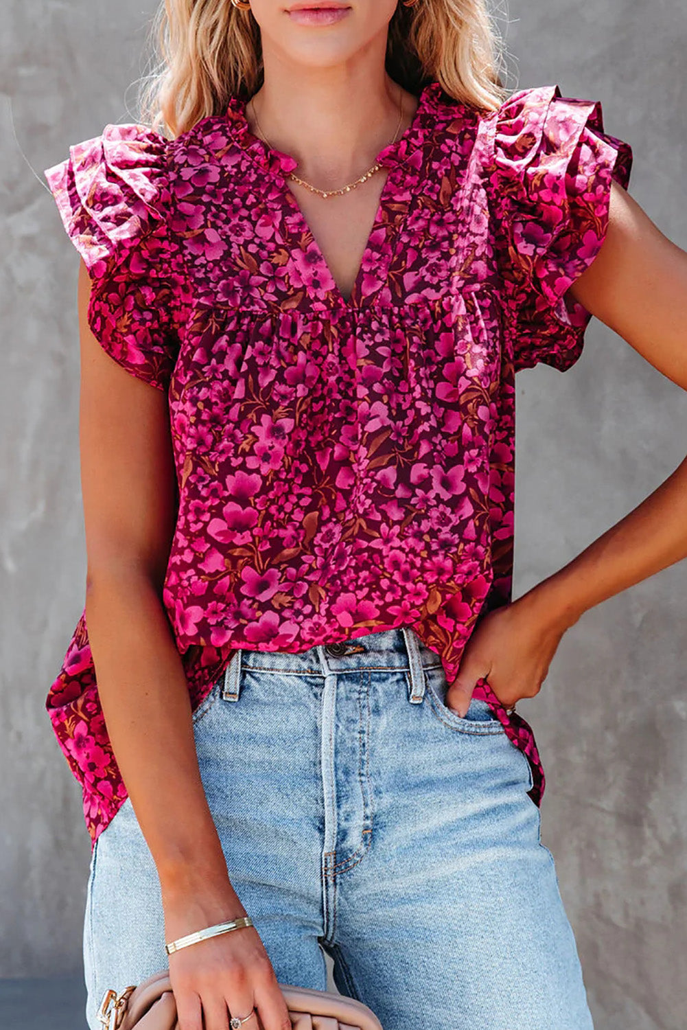 Khaki Floral Print Tiered Flutter Sleeve V Neck Top