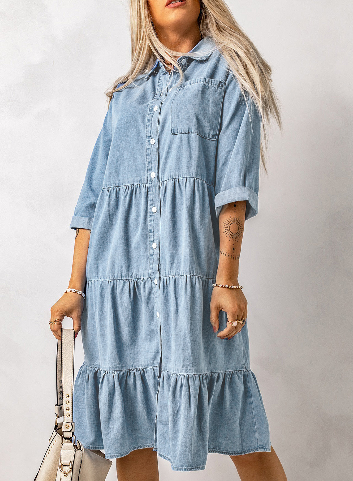 Sky Blue Ruffled Denim Full Buttoned Midi Dress