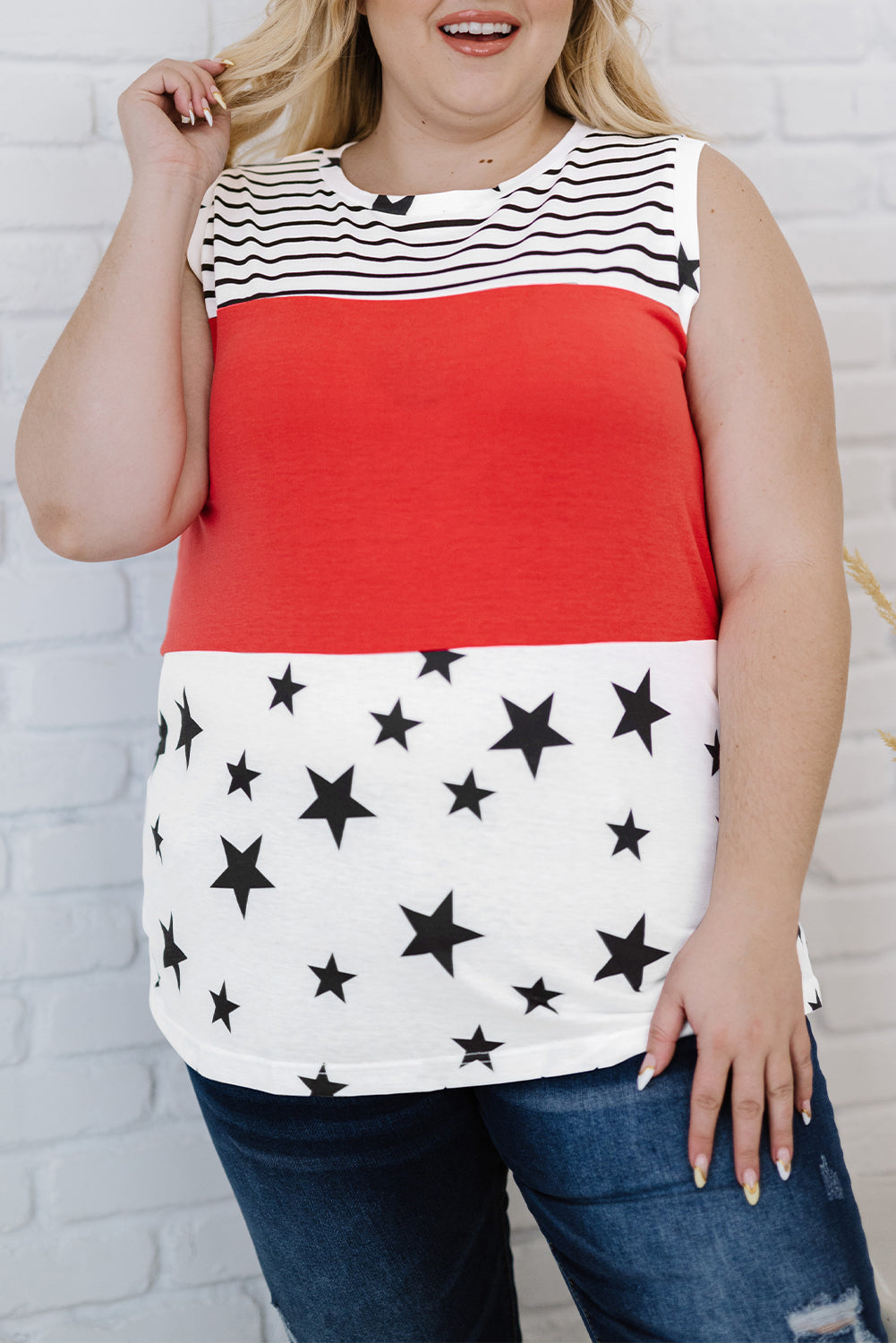 White Patriotic Stripes Stars Print Sleeveless Plus Size Top