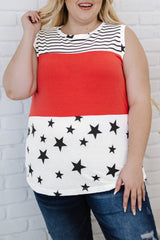 White Patriotic Stripes Stars Print Sleeveless Plus Size Top