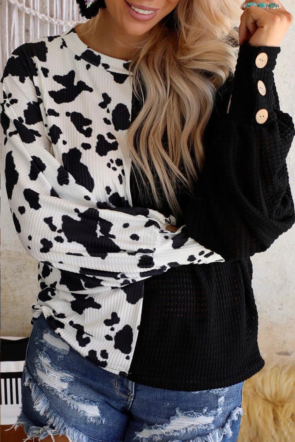 Black Cow Patchwork Waffle Knit Long Sleeve Top