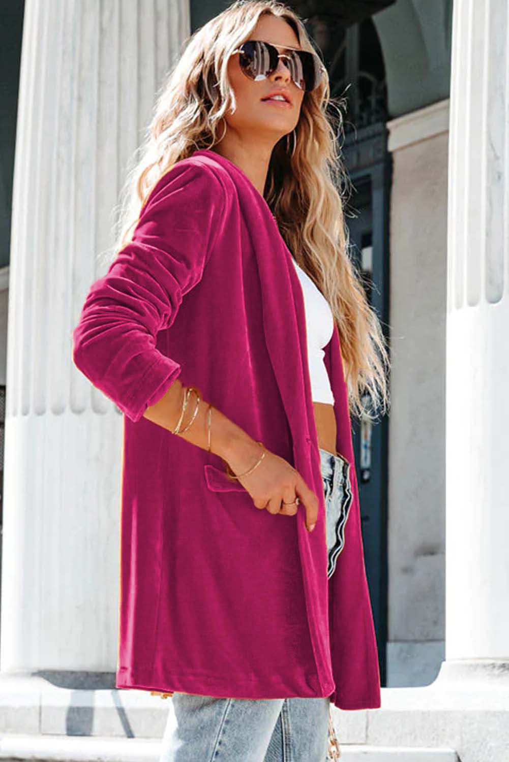 Rose Casual Pocketed Velvet Blazer