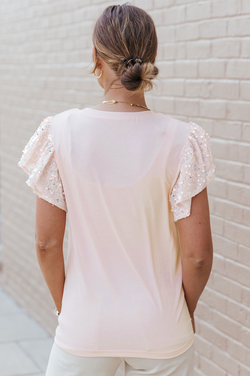 Pink Sequin Sleeves Crew Neck T-Shirt