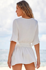 White 3/4 Sleeves Textured Smocked Drape Beach Dress