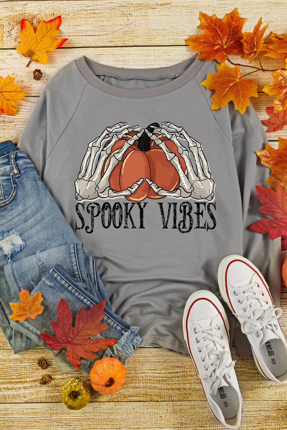 Gray Halloween SPOOKY VIBES Pumpkin Graphic Sweatshirt