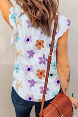 White Flower Print Notch V-Neck Flutter Tank