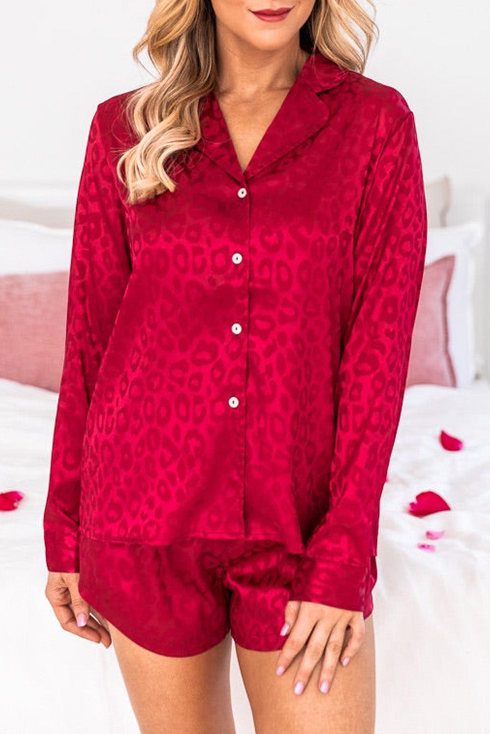 Red 2pcs Satin Leopard Long Sleeve Top and Shorts Lounge Set