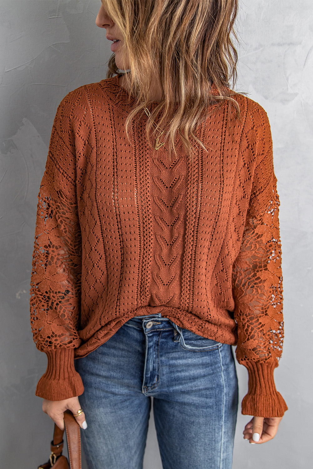 Blue Crochet Lace Pointelle Knit Sweater