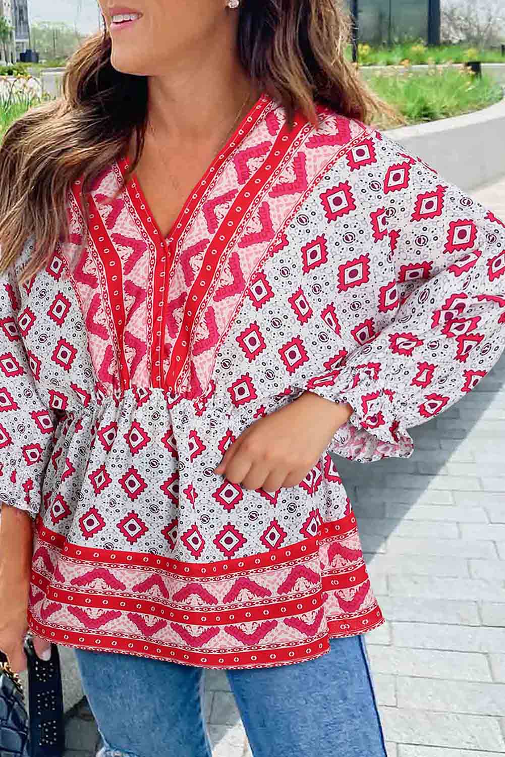 Red Geometric Print 3/4 Sleeve V-Neck Shirred Waist Flared Blouse