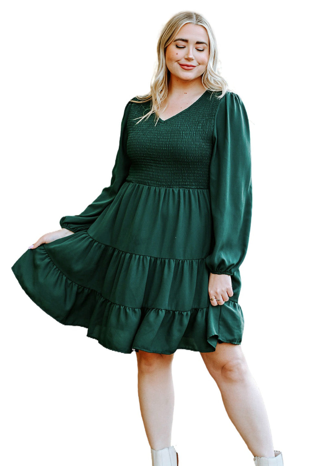 Green Smocked Tiered Plus Size Dress