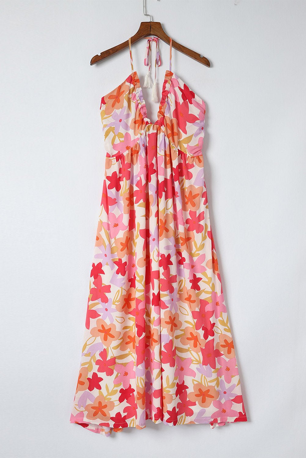 Red Halter Neck Backless Floral Print Maxi Dress with Ties