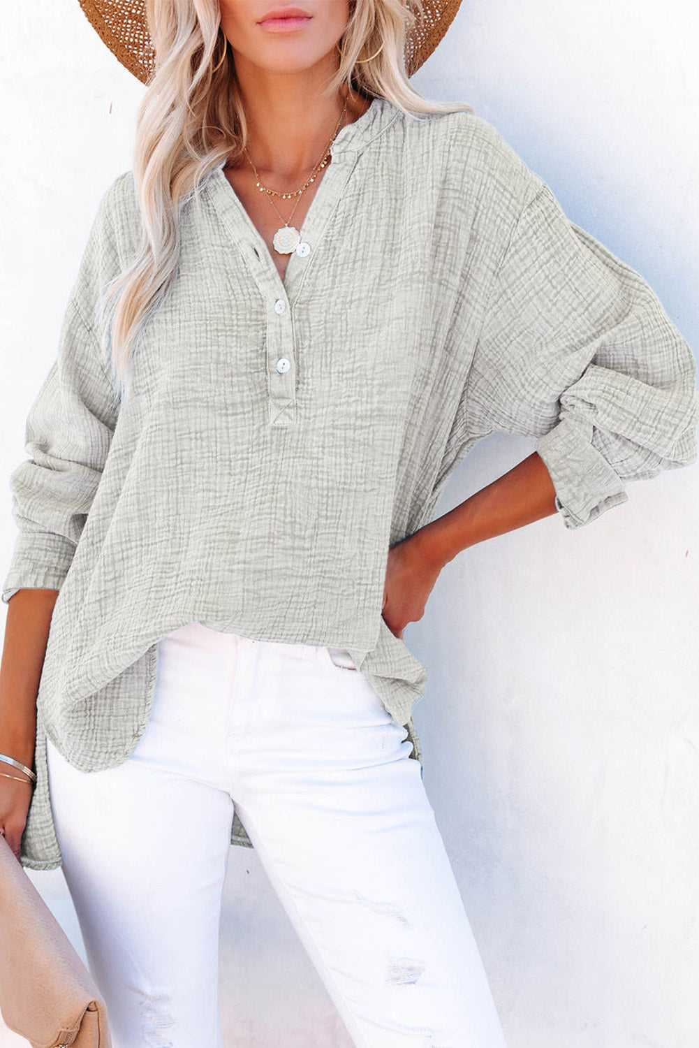 Brown Crinkle Textured Loose Henley Top