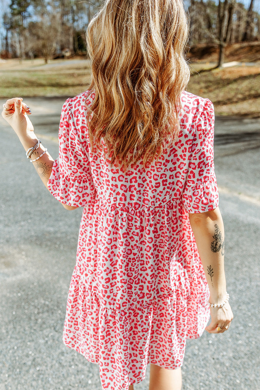 Pink Flutter Sleeve Leopard Short Dress