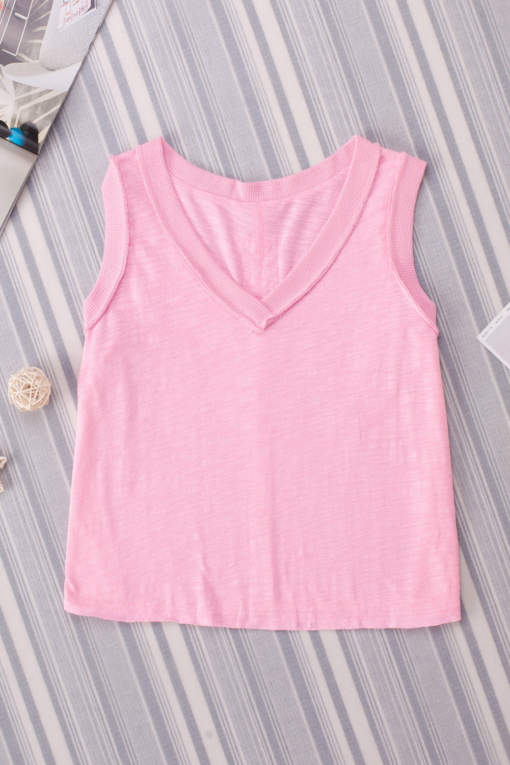 Pink V Neck Ribbed Trimming Tank Top