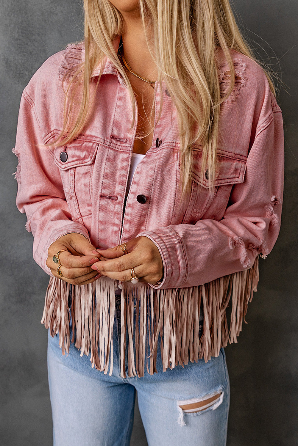 Pink Distressed Fringed Cropped Denim Jacket