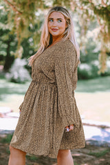 Khaki Plus Size Ruffled Long Sleeve Animal Spotted Print Dress