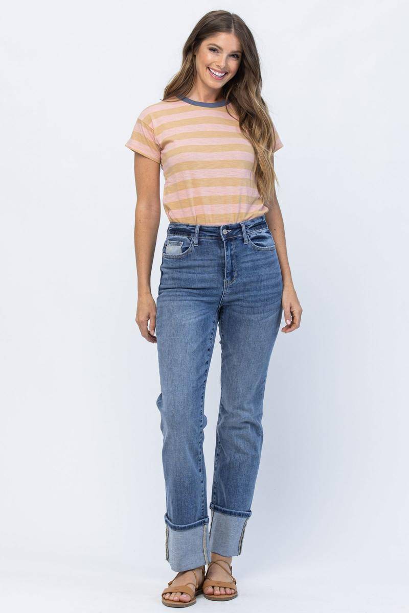 High Waist Straight Leg Jeans with Wide Cuff