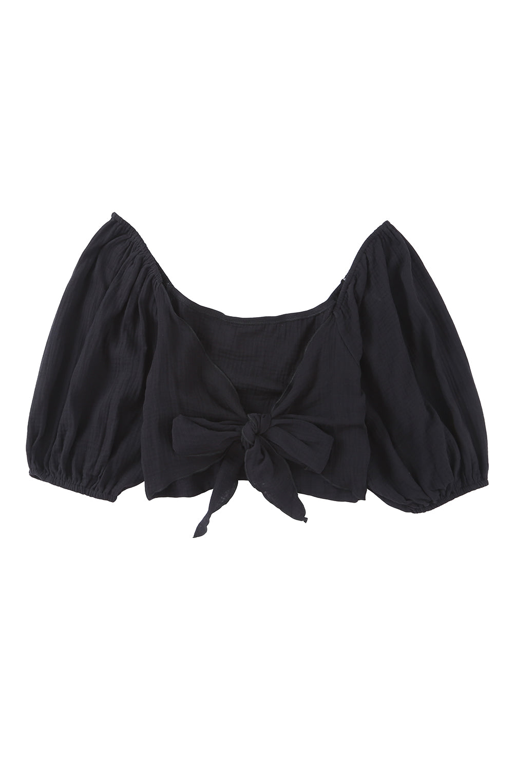 Black Square Neck Puff Sleeves Backless Crop Top with Tie