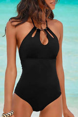 Black Hollow Out Beaded Halter Neck One-piece Swimsuit