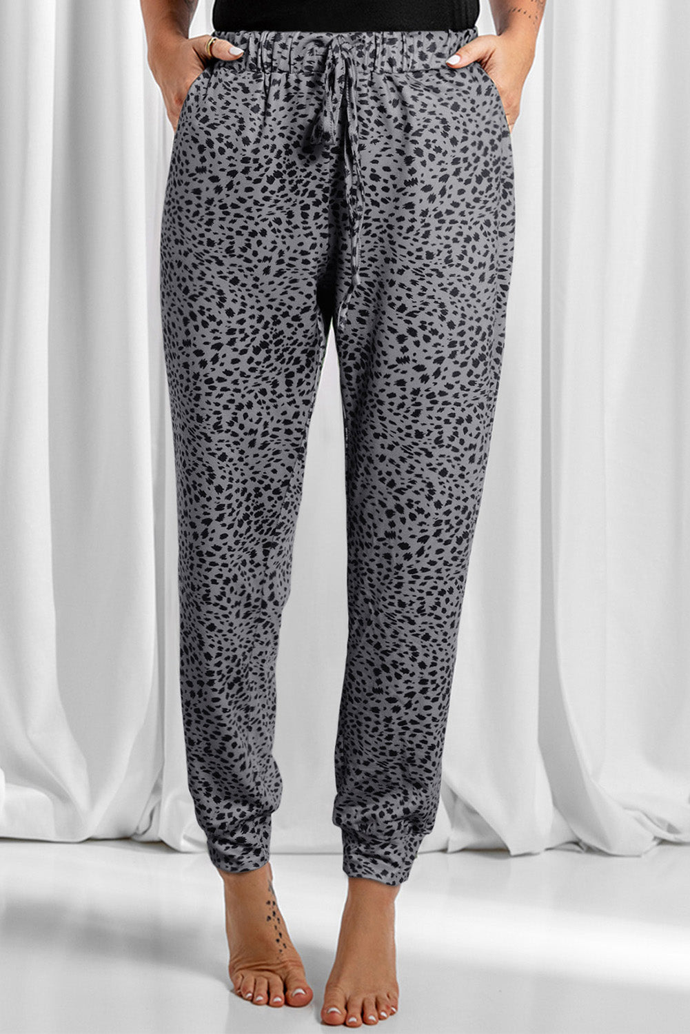 Gray Animal Spots Drawstring Lounge Jogger Pants