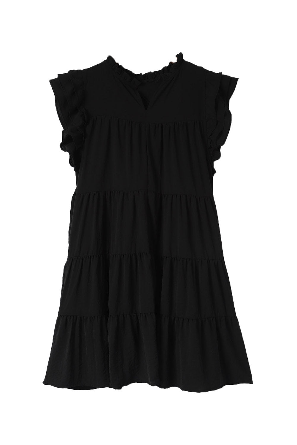 Black Ruffle Flutter Sleeve Pleated Tiered Mini Dress
