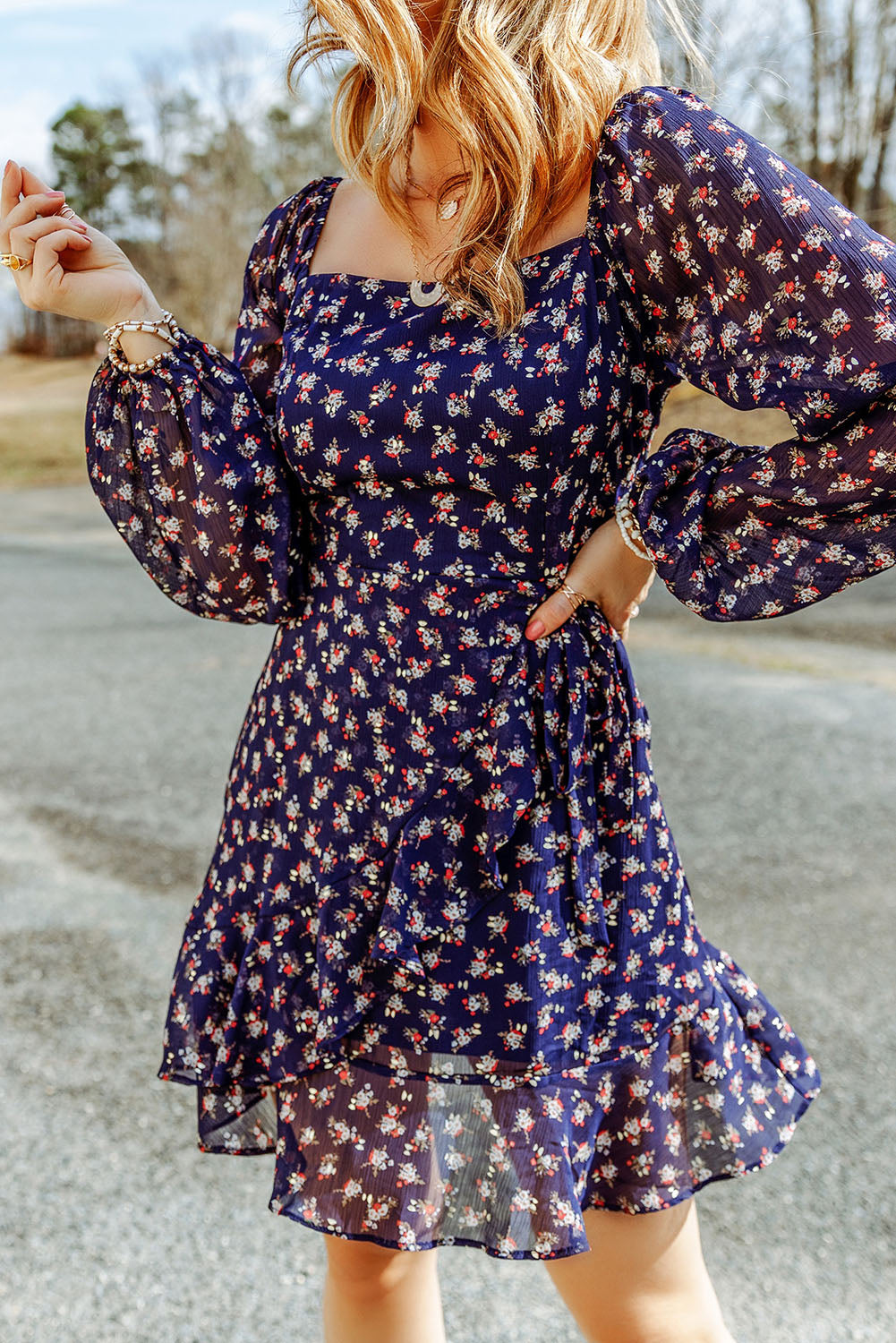 Blue Floral Print Smocked Square Neck Bubble Sleeve Dress