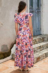 Multicolor Sleeveless Ruffled Lace-up High Waist Floral Maxi Dress