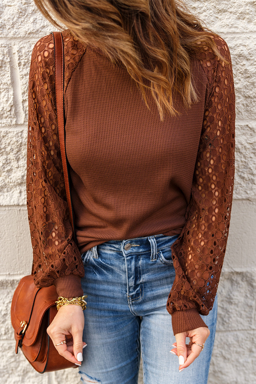 Brown Lace Contrast Long Sleeve Waffle Knit Top