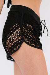 Black Hollow Out Lace Overlay Swim Short Bottom