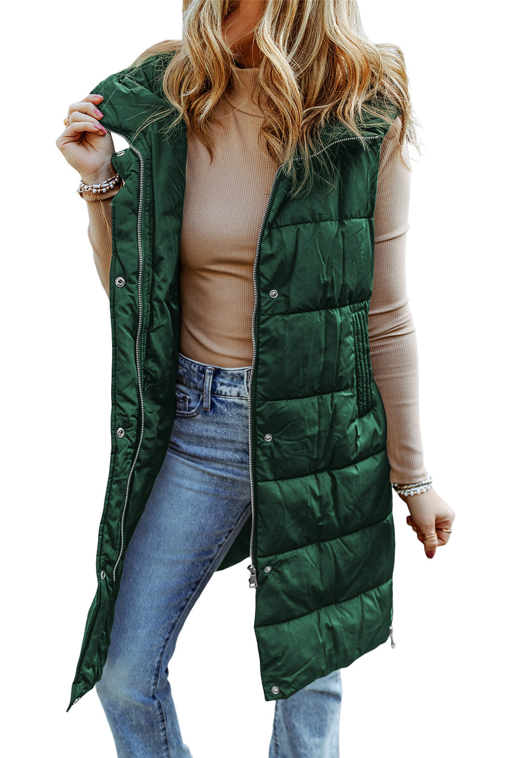 Dark Grey Hooded Long Quilted Vest Coat