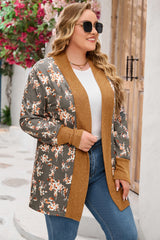 Brown Floral Patchwork Knitted Plus Size Cardigan