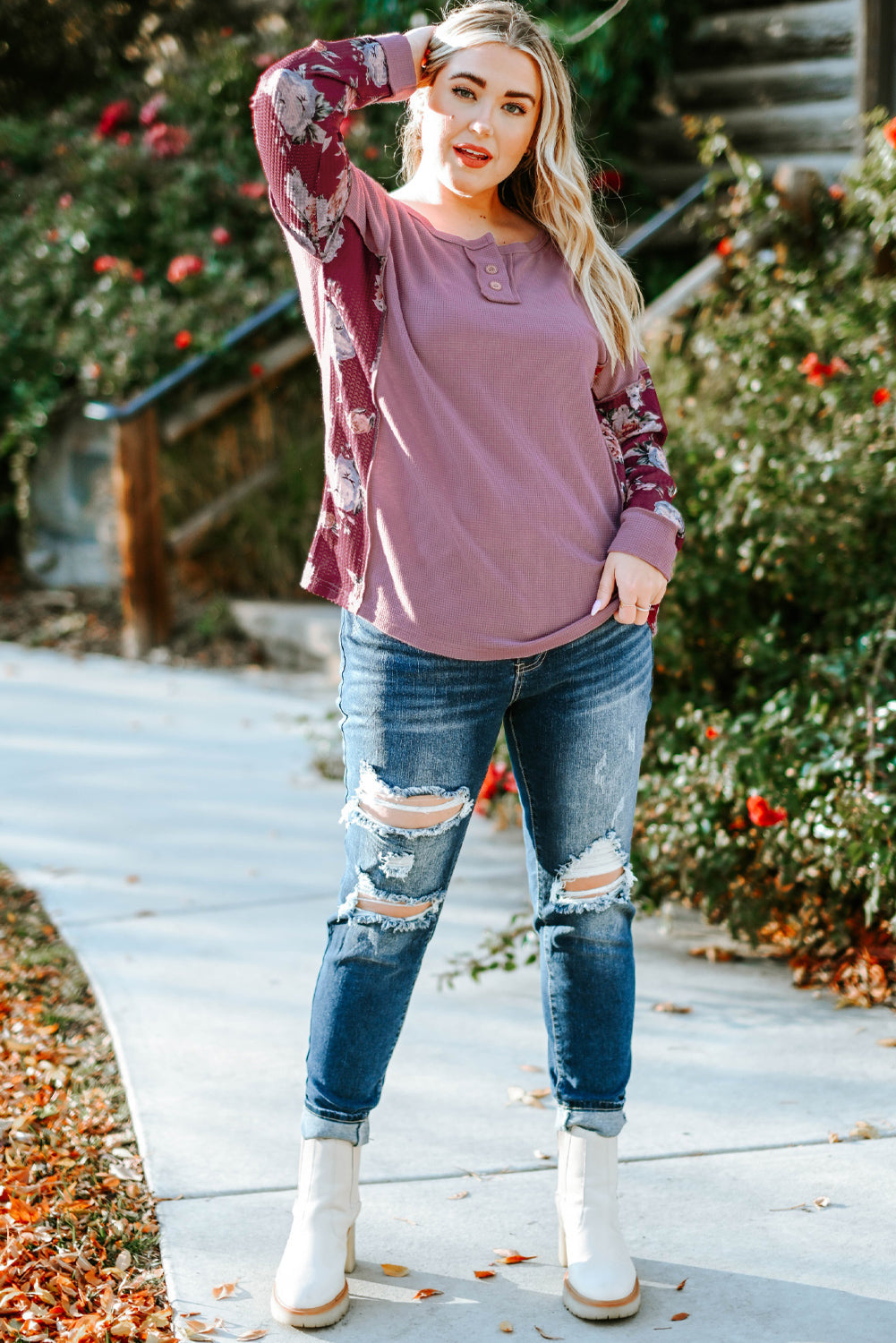 Purple Floral Accent Puff Sleeves Plus Size Thermal Top