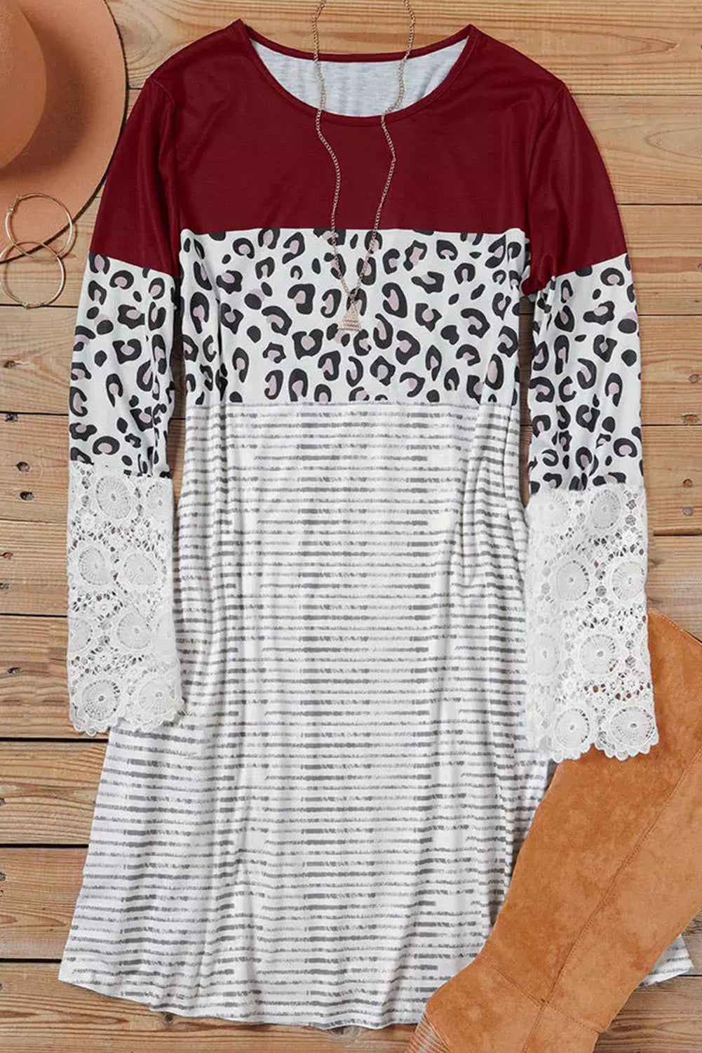 Black Striped Leopard Patchwork Lace T Shirt Dress